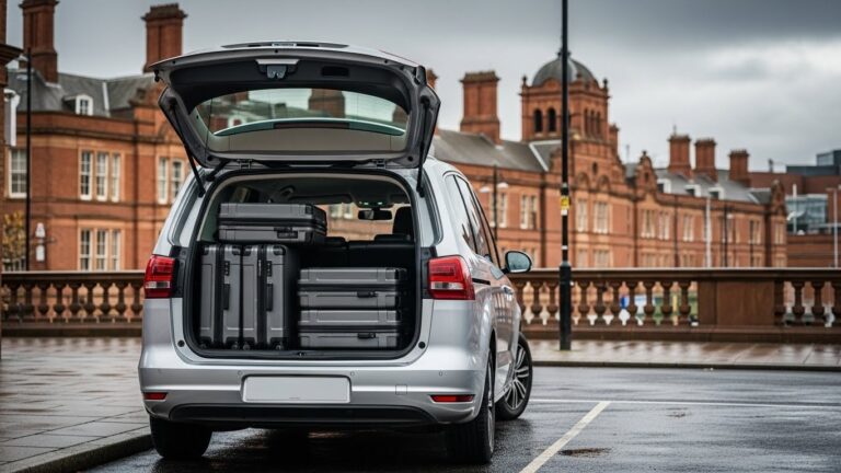 A silver private hire taxi with the boot open at Durham Station, loaded with multiple suitcases, demonstrating large luggage capacity.