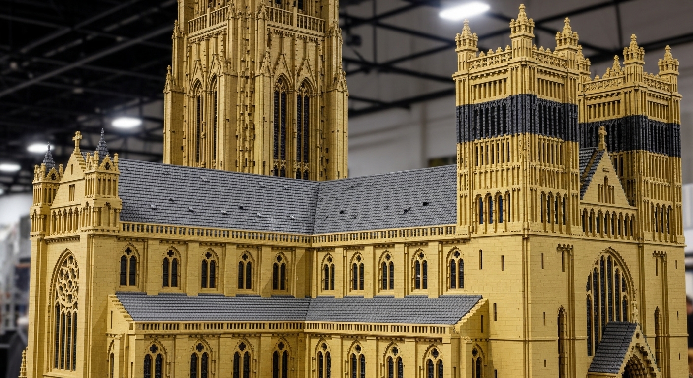Photorealistic image of the impressive Durham Cathedral LEGO model, a detailed replica built by the community.