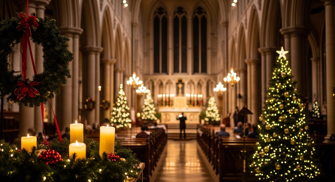A magical, photorealistic scene of Durham Cathedral decorated for a Christmas service, filled with warm light.