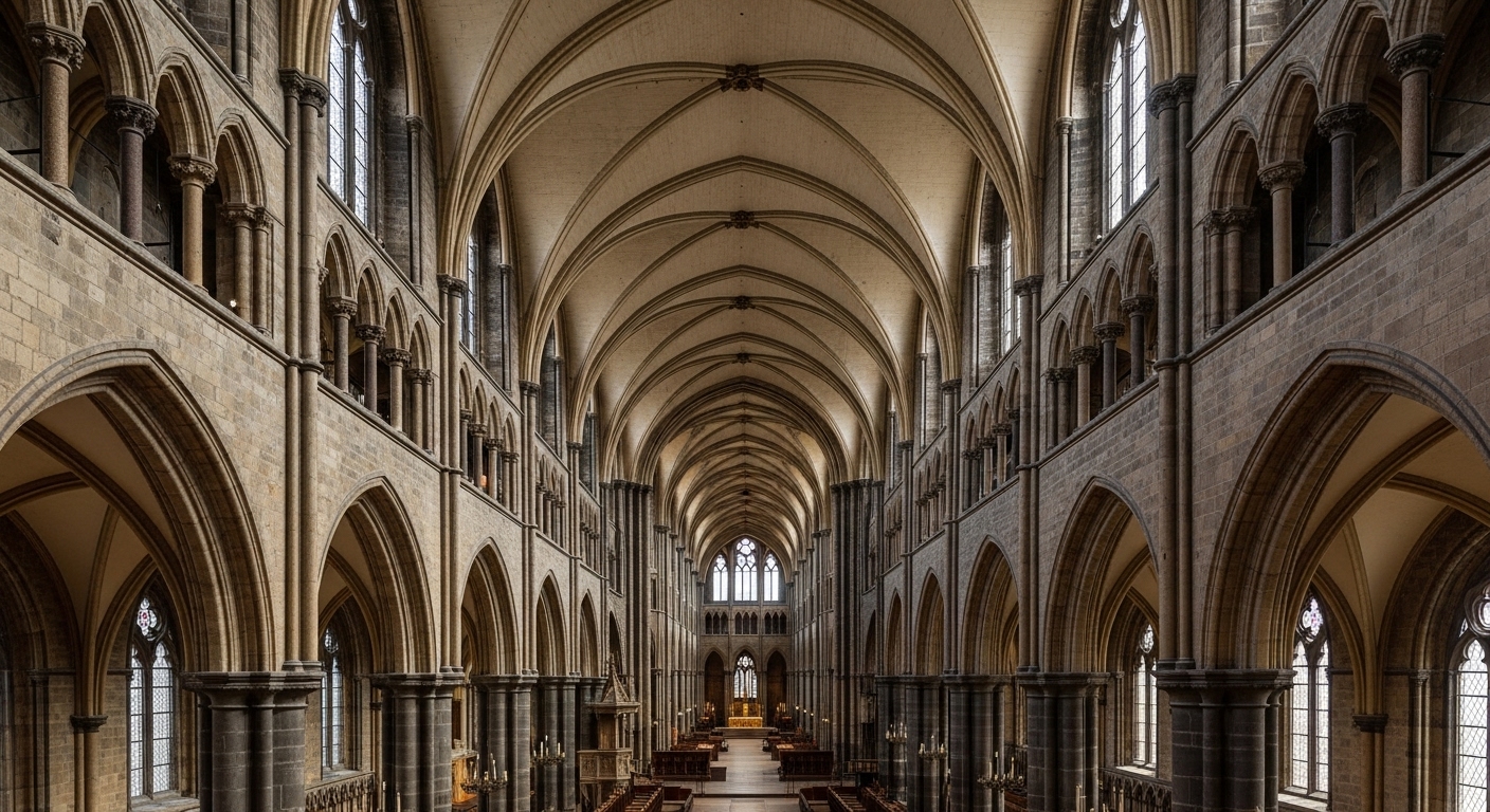 Stunning photorealistic interior of Durham Cathedral's Nave, showing the grand scale of its Norman pillars and vaulted ceiling.