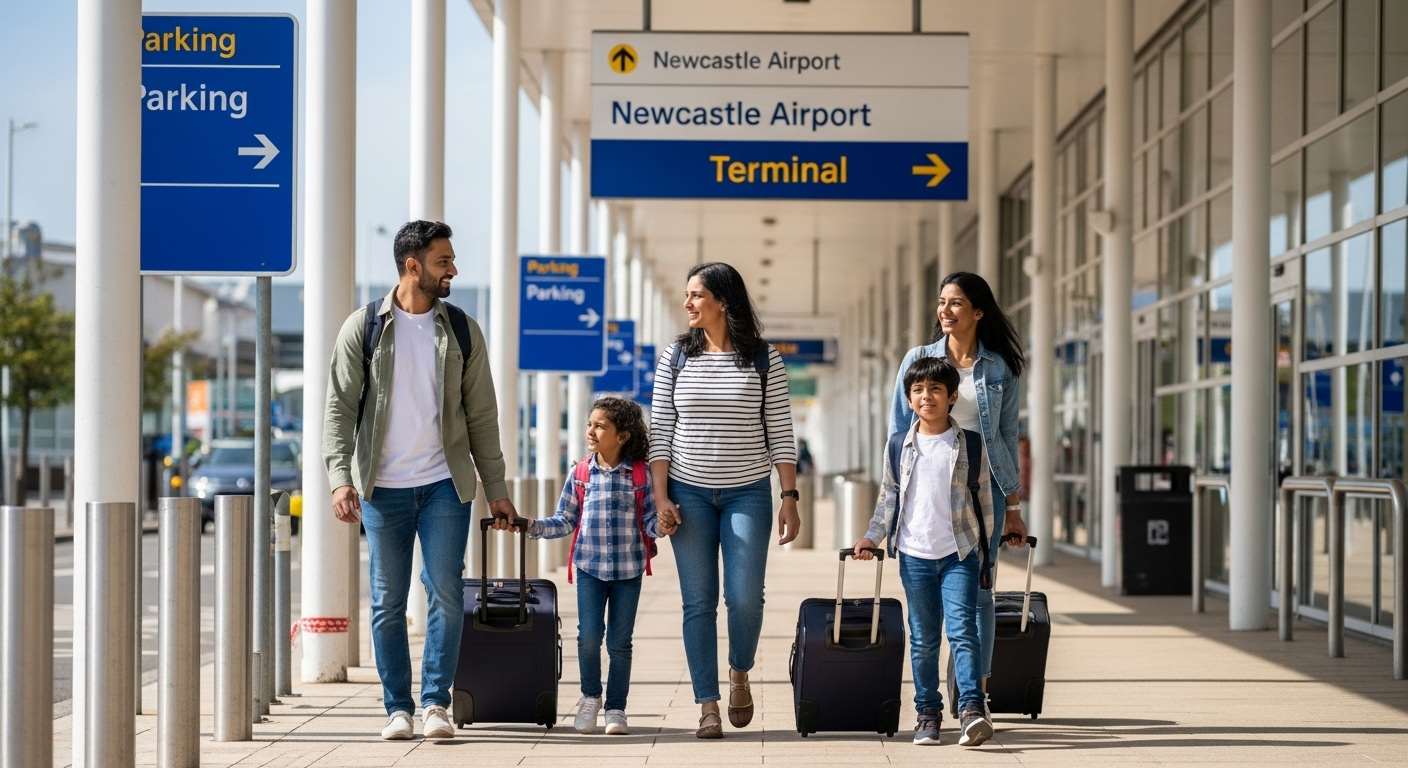 Family with luggage walking from Newcastle Airport parking area