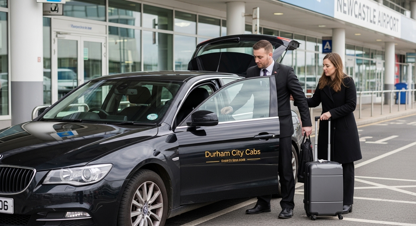 Professional taxi driver from Durham City Cabs helping passengers with luggage at Newcastle Airport