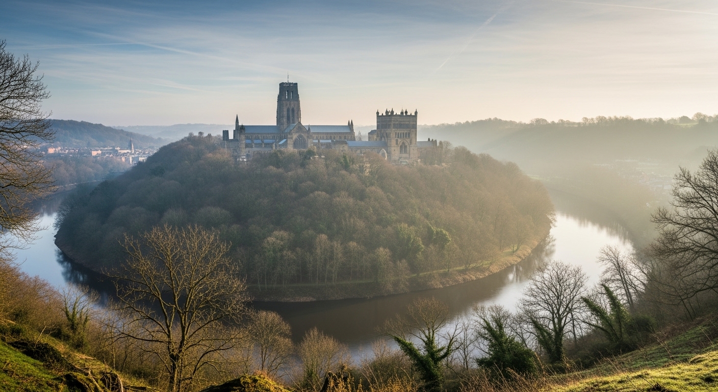 A photorealistic, atmospheric view of the River Wear and the Durham peninsula, evoking its ancient, natural setting before the Cathedral's construction.