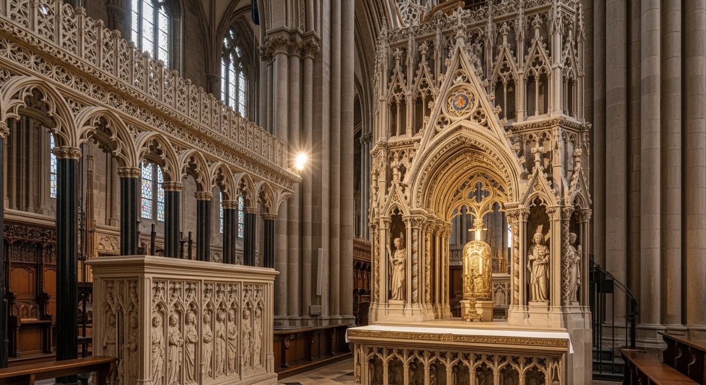 Photorealistic detail of the sacred area around St. Cuthbert's Shrine in Durham Cathedral, showing fine stonework.