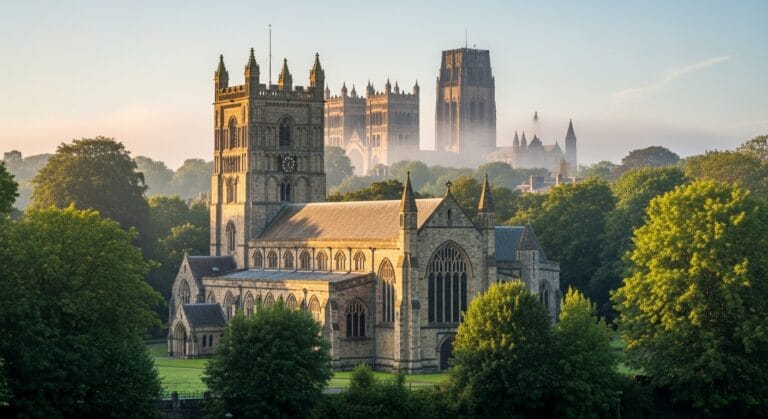 St. Oswalds Church in Durham viewed from across the River Wear with the magnificent Durham Cathedral
