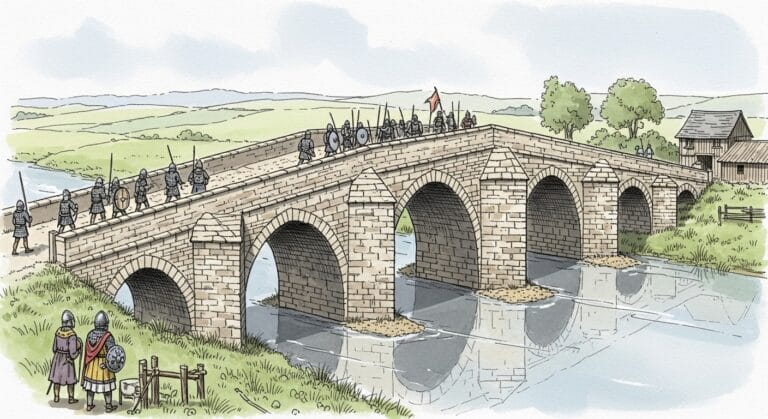 historical reconstruction of the original 12th century Norman Framwellgate Bridge with six stone arches