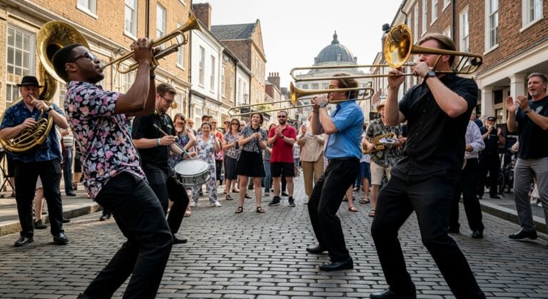 street band with brass instruments performing to a joyful, dancing crowd on a historic street during the Durham Brass Festival