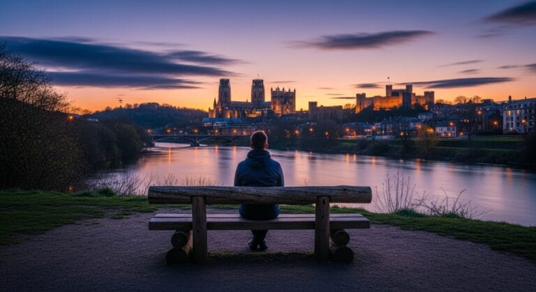 the sunset over the River Wear with the Durham Cathedral and Castle skyline in silhouette