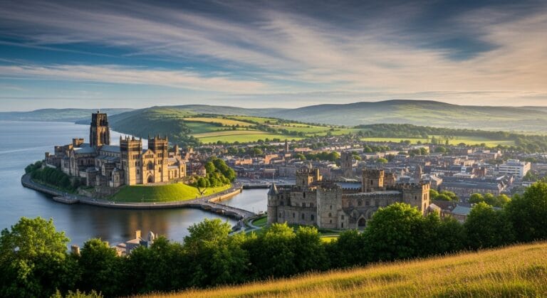 view of Durham City with the Cathedral and Castle leading out to the vast rolling green hills of County Durham suggesting adventure