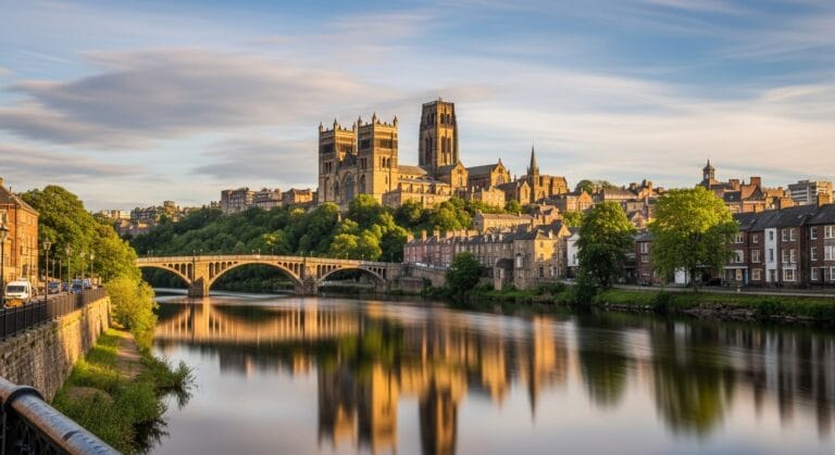 view of Durham from Prebends Bridge showing the River Wear Elvet Bridge and Durham Cathedral in one stunning landscape shot
