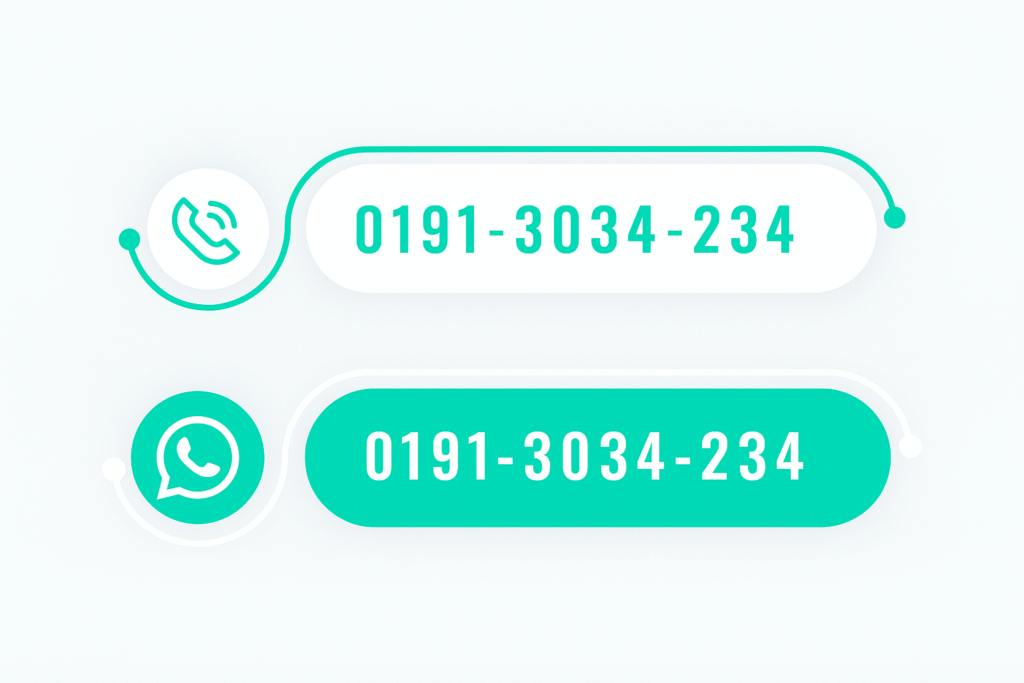 Durham City Cabs contact buttons with phone and WhatsApp icons showing taxi booking number 0191-3034-234 for local and airport taxi service in Durham.