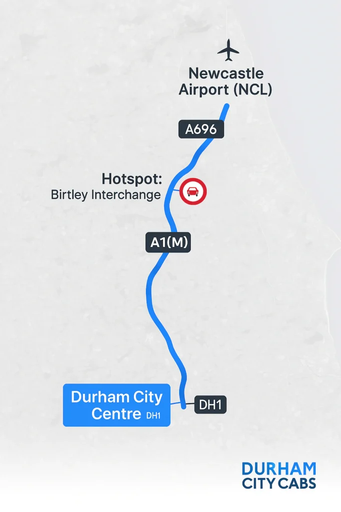 Map showing the driving route from Durham City Centre (DH1) to Newcastle Airport (NCL) via the A1(M) and A696, highlighting the Birtley Interchange as a traffic hotspot.