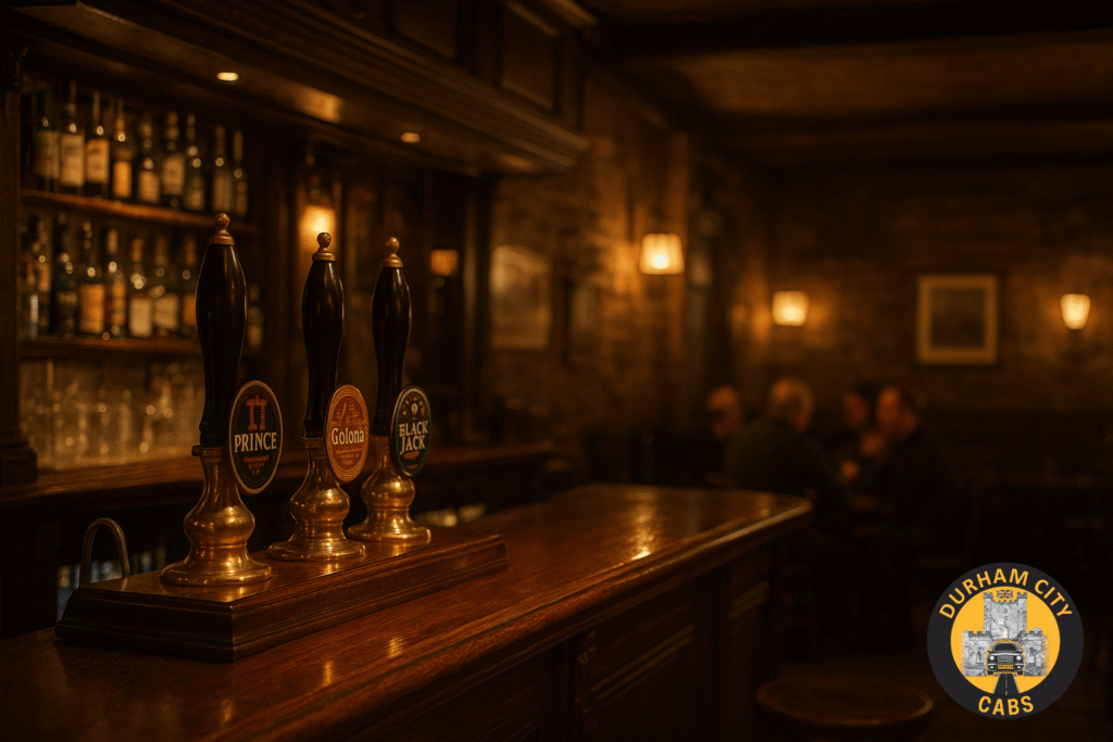 Cozy, warm interior of a traditional historic Durham pub, showing a classic wooden bar with real ale taps and soft ambient lighting.