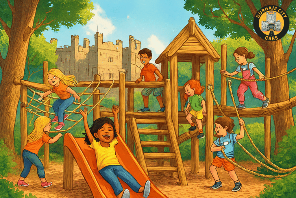 An illustration of happy children playing on the wooden adventure playground, The Plotters' Forest, with the historic Raby Castle in the background, a top family day trip from Durham.