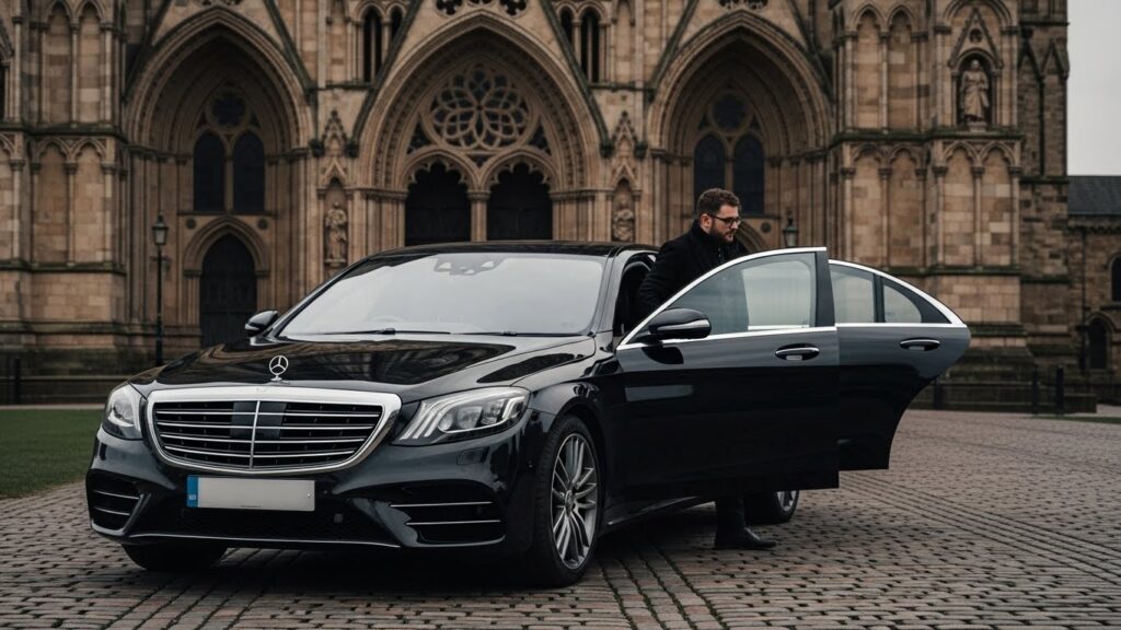 A premium black private hire vehicle dropping a passenger directly at the North Door of Durham Cathedral, bypassing the congestion charge zone.