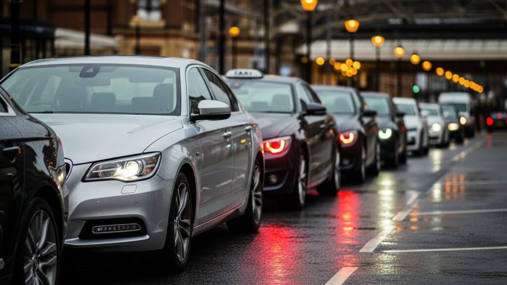A row of silver and grey local taxis waiting at the Durham Station rank, demonstrating 24/7 availability for train arrivals.