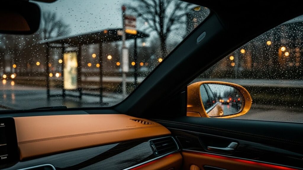View from inside a warm, premium taxi looking out at a dark, rainy street in Durham, representing reliable night service.
