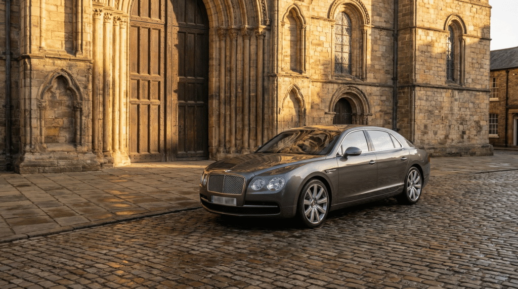 A private hire taxi parked directly outside the main entrance of Durham Cathedral on Palace Green, a restricted access zone.