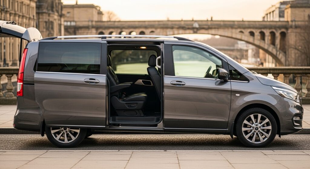 A spacious grey 8-seater executive taxi with sliding doors open, showing ample room for group travel and luggage in Durham.