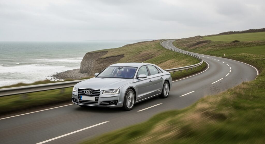 A private hire vehicle driving along the Durham Heritage Coast road towards Seaham Hall, avoiding inland traffic.