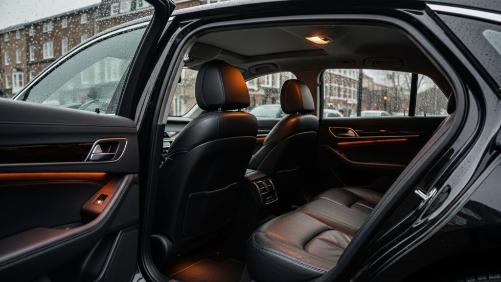 The clean, leather interior of a Durham City Cabs private hire vehicle, offering a hygienic alternative to public transport for immune-compromised patients.