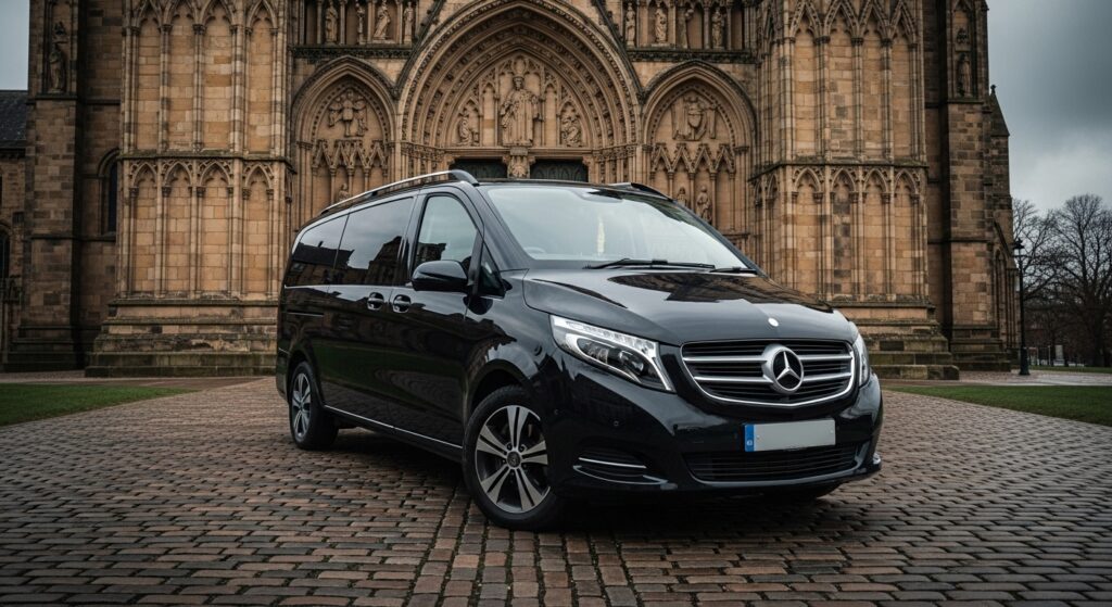 A black private hire minibus parked directly on Palace Green outside Durham Cathedral, demonstrating exclusive door-to-door access.