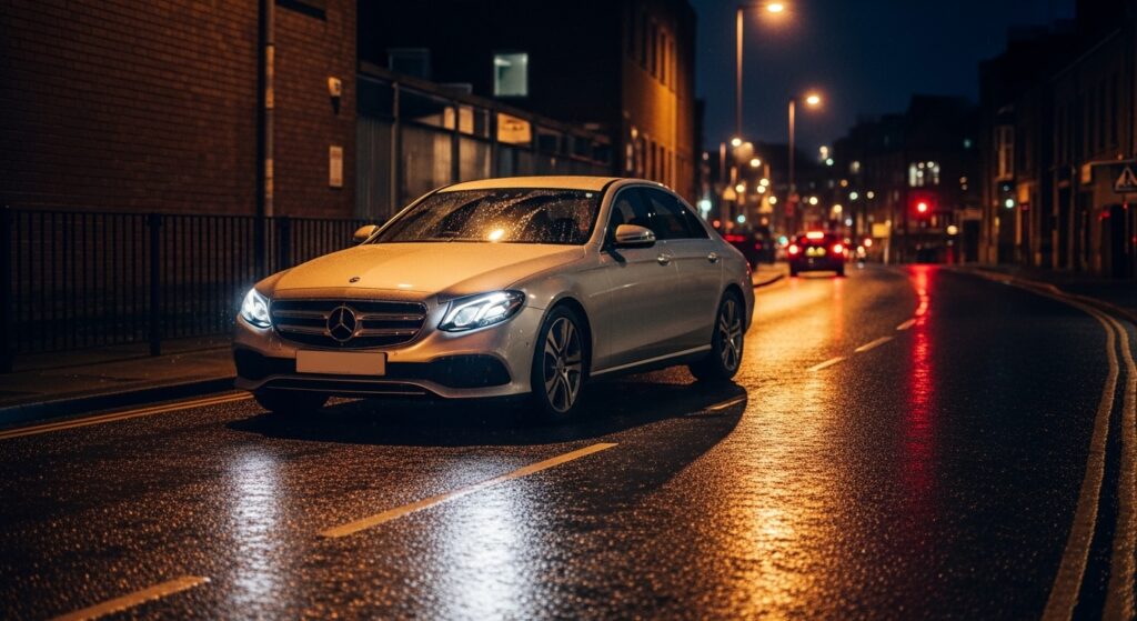 A silver private hire taxi driving through Durham City Centre at night, providing transport after Park and Ride sites have closed.