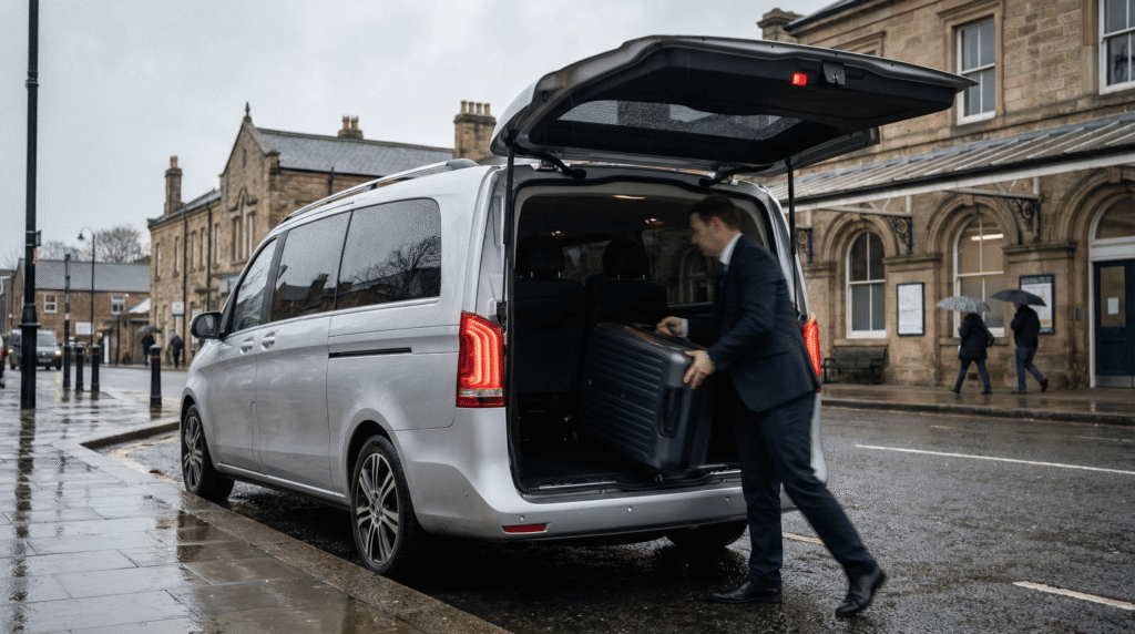 A silver private hire MPV at Durham Station with the boot open, loading multiple large suitcases, demonstrating high luggage capacity.