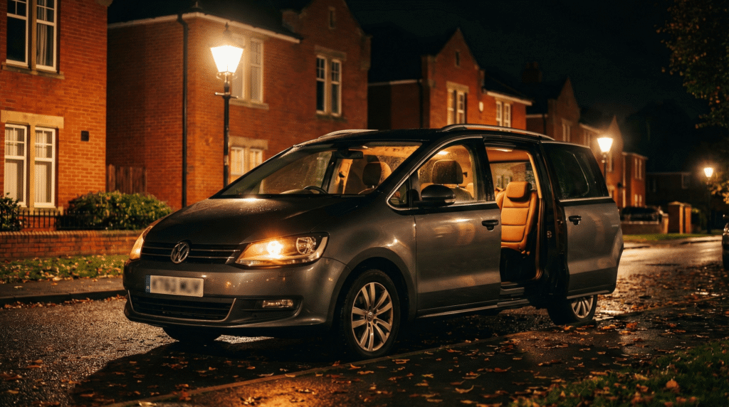 A 7-seater private hire MPV taxi parked near Durham University colleges at night, illustrating safe student transport.