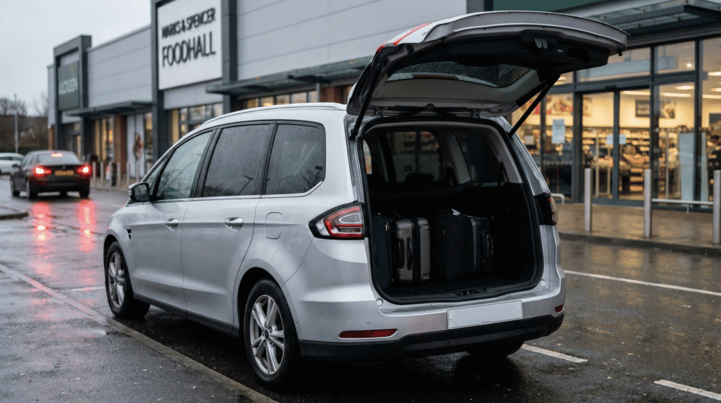 A silver private hire MPV taxi waiting outside Arnison Centre Durham with the boot open, ready to load heavy shopping bags from M&S.