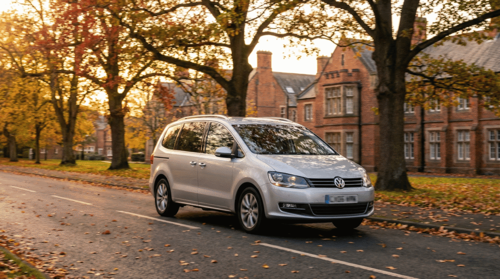 A spacious private hire taxi driving near Durham University colleges, suitable for student transport and luggage.