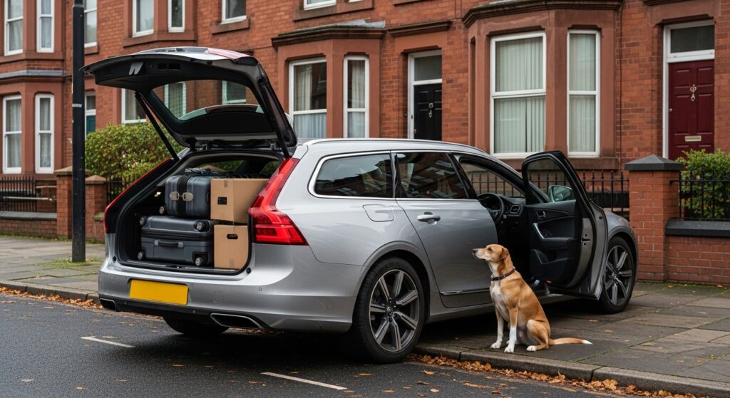 A silver estate taxi with the boot open filled with luggage, parked near Durham student housing with a dog waiting to board.
