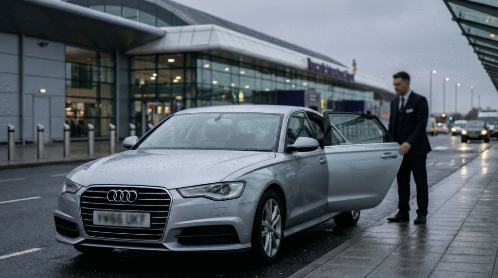 A premium silver private hire taxi waiting at the airport arrivals terminal for a meet and greet service.