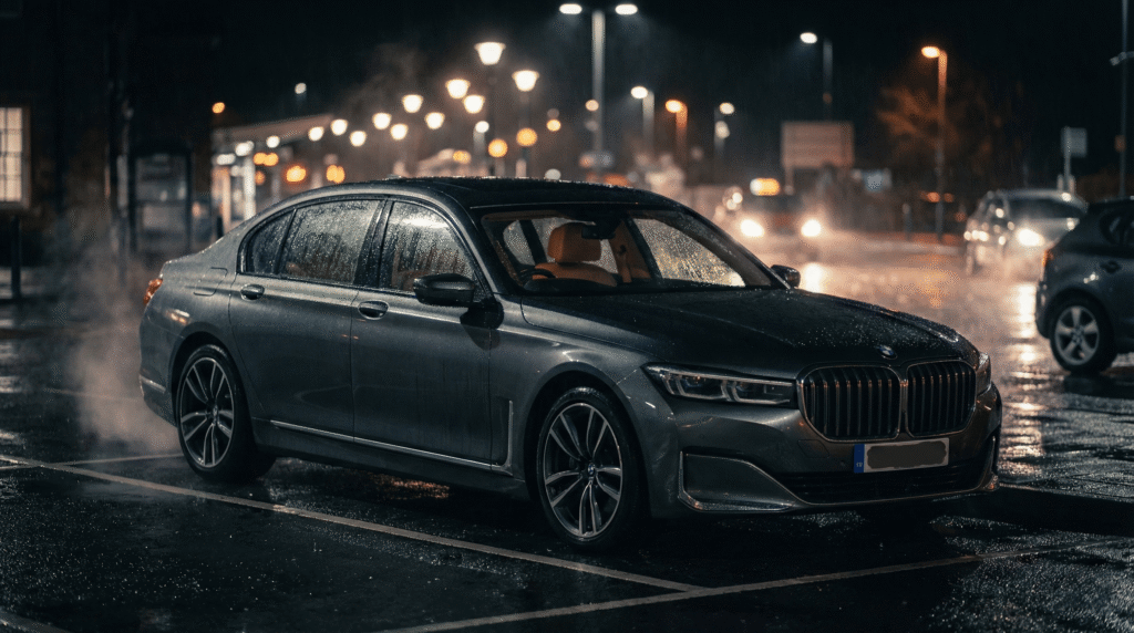 A premium private hire car waiting at Durham Station in the rain, representing a pre-booked meet and greet service.