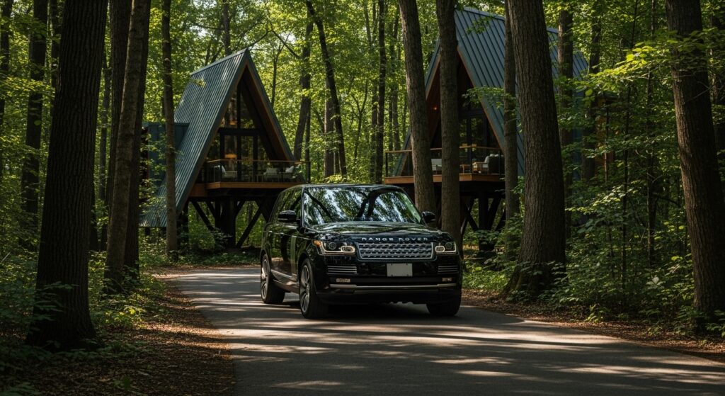 A luxury private hire vehicle driving through the woodland estate towards the Ramside Hall Treehouses.