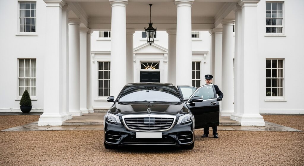 An executive black chauffeur car dropping off guests at the main portico entrance of Seaham Hall Hotel & Spa.