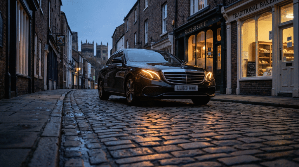 A black executive private hire car driving comfortably over the steep cobblestones near Durham Cathedral.
