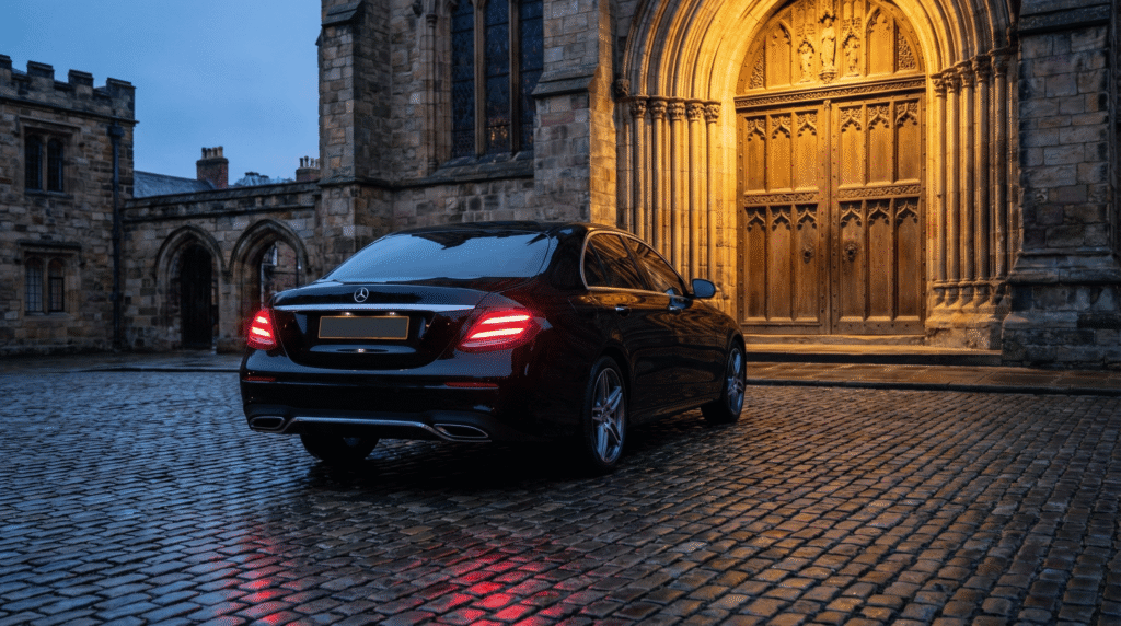 A black private hire executive taxi parked directly outside Durham Cathedral on Palace Green, demonstrating exclusive vehicle access.
