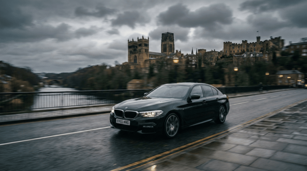 An executive private hire taxi crossing Framwellgate Bridge with Durham Castle in the background.