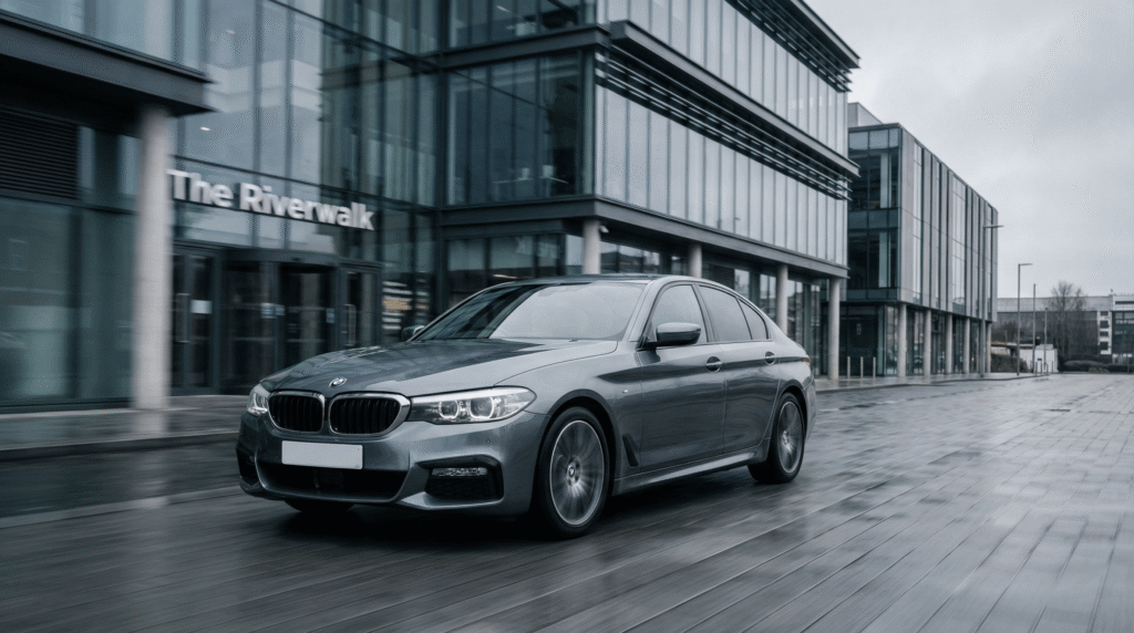 A private hire taxi driving past The Riverwalk Durham, illustrating a stress-free alternative to expensive city center parking.